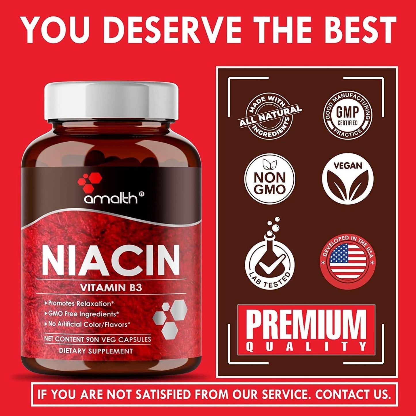 Amalth Niacin Vitamin B3 500mg , Cellular Energy Support, Supports Nervous System Health and Restful Sleep, 90 Capsules