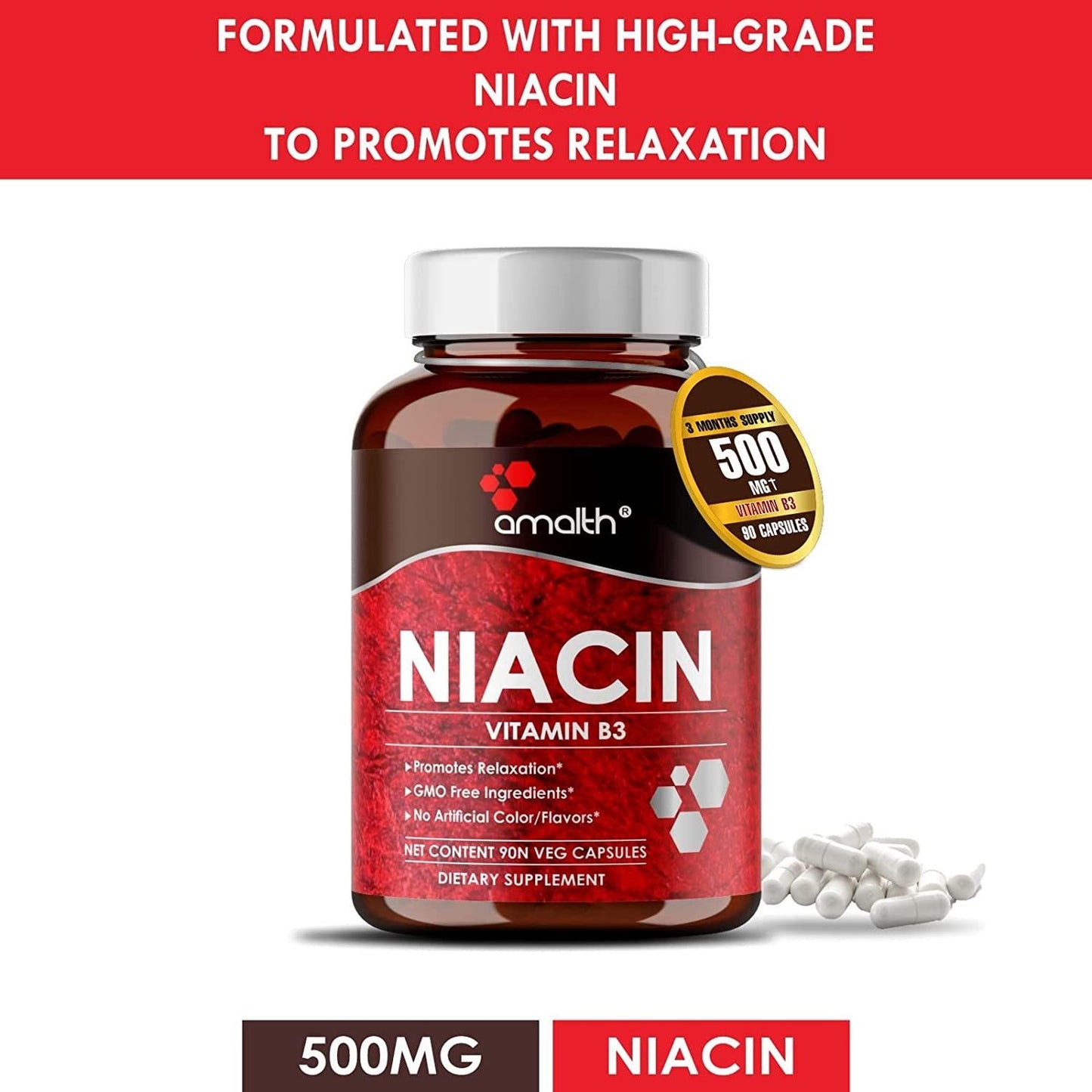 Amalth Niacin Vitamin B3 500mg , Cellular Energy Support, Supports Nervous System Health and Restful Sleep, 90 Capsules