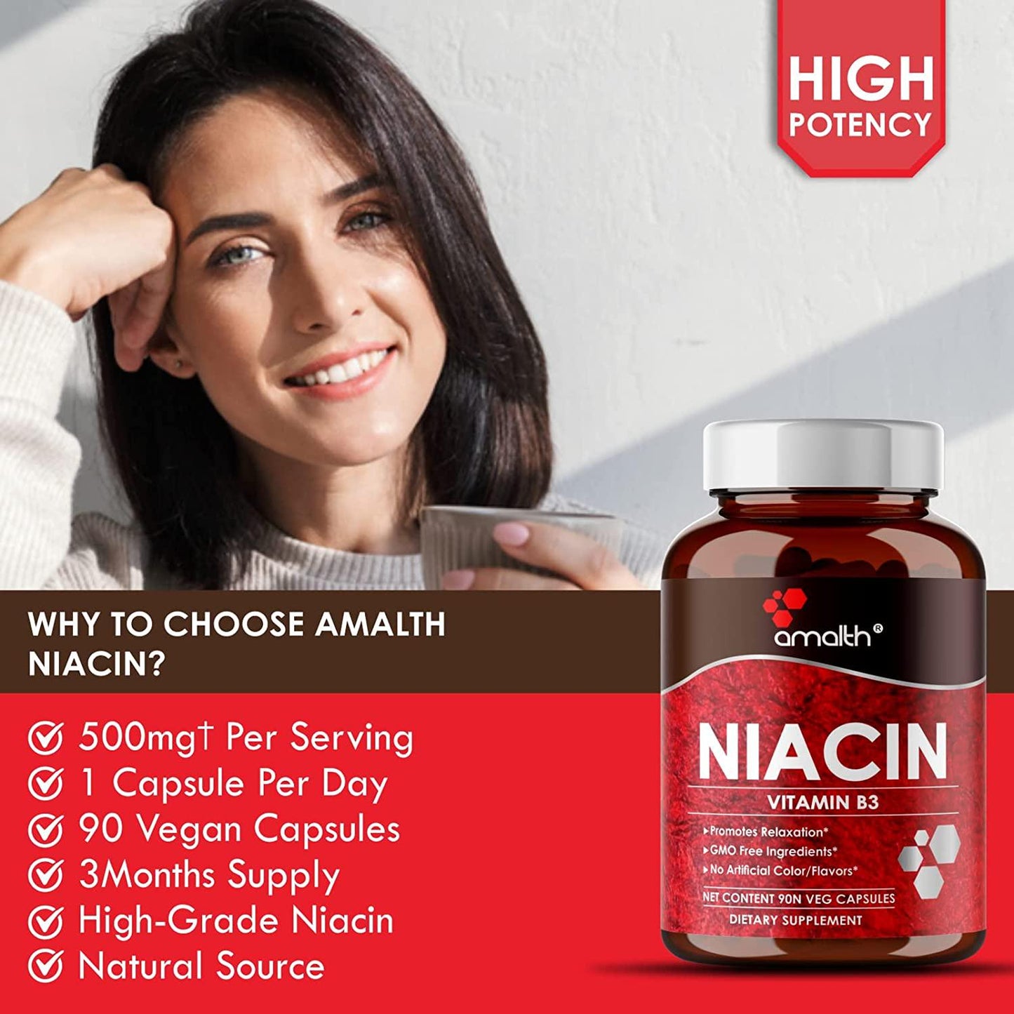 Amalth Niacin Vitamin B3 500mg , Cellular Energy Support, Supports Nervous System Health and Restful Sleep, 90 Capsules