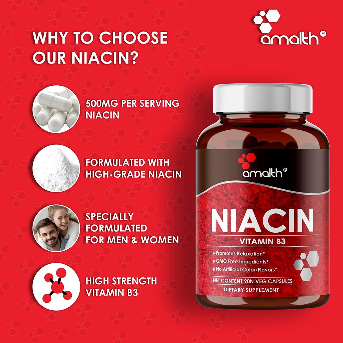 Amalth Niacin Vitamin B3 500mg , Cellular Energy Support, Supports Nervous System Health and Restful Sleep, 90 Capsules