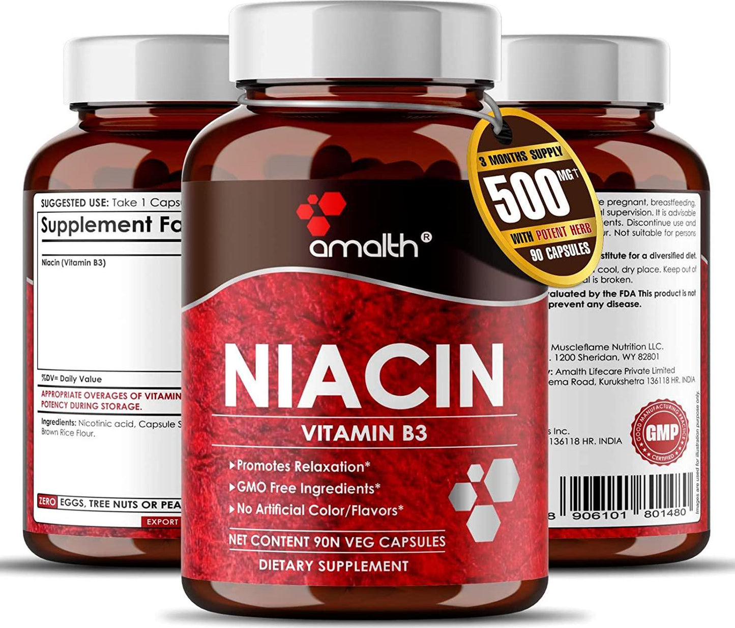 Amalth Niacin Vitamin B3 500mg , Cellular Energy Support, Supports Nervous System Health and Restful Sleep, 90 Capsules