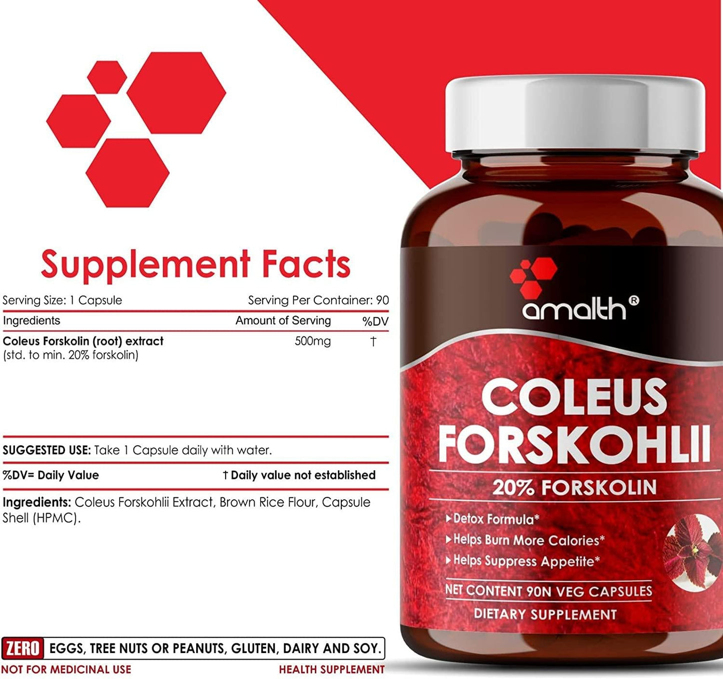 Amalth Premium 100% Ultra Pure Forskolin 500mg Max Strength w/ 20% Standardized Coleus Forskohlii Root Extract Powder Support Nourishing Diet Coleus Forskohlii-Belly Buster Supplement