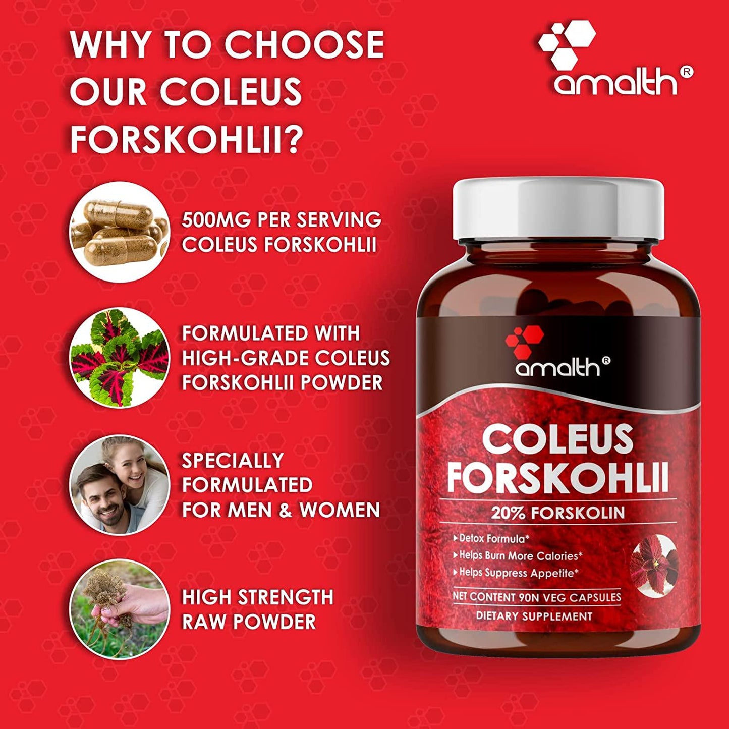 Amalth Premium 100% Ultra Pure Forskolin 500mg Max Strength w/ 20% Standardized Coleus Forskohlii Root Extract Powder Support Nourishing Diet Coleus Forskohlii-Belly Buster Supplement