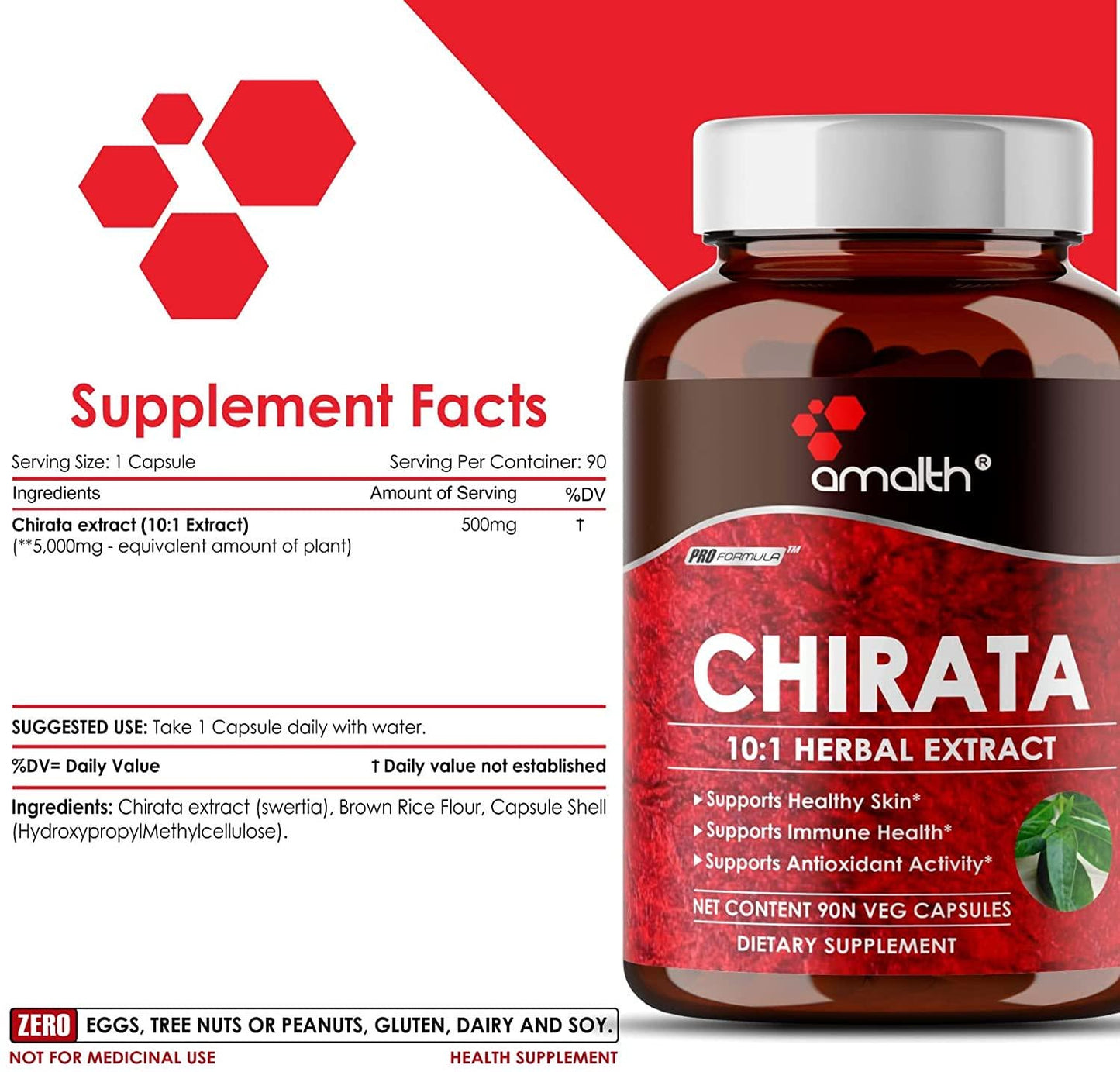 Amalth Swertia Chirata Extract Powder Dietary Supplements for Healthy Skin 5000mg - 90 Capsules