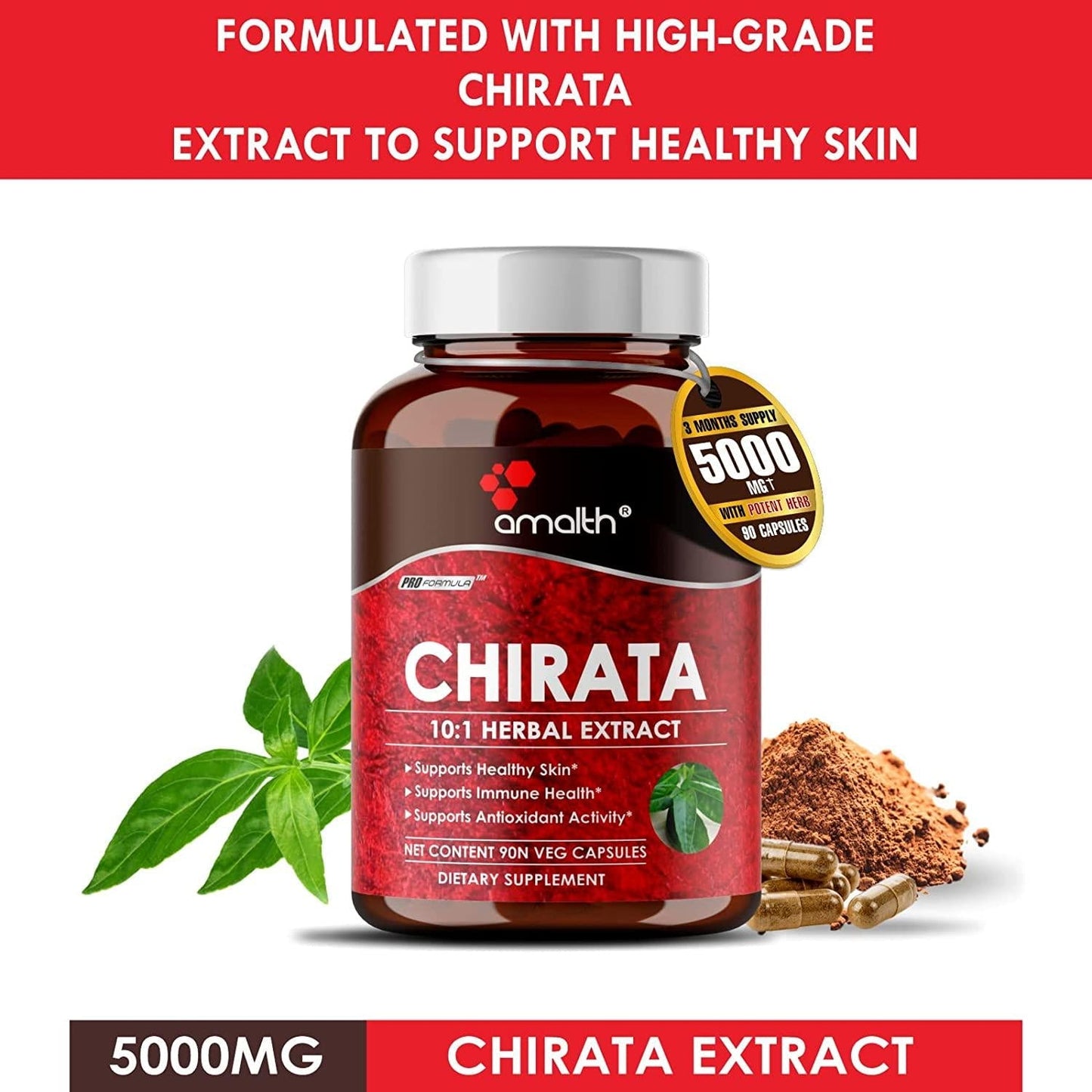 Amalth Swertia Chirata Extract Powder Dietary Supplements for Healthy Skin 5000mg - 90 Capsules
