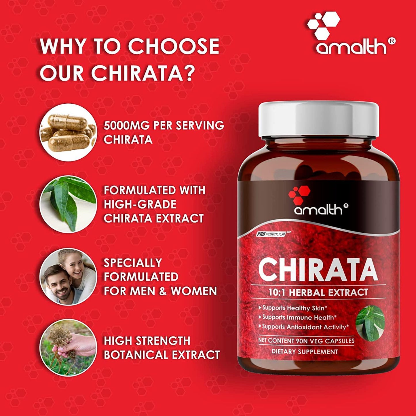 Amalth Swertia Chirata Extract Powder Dietary Supplements for Healthy Skin 5000mg - 90 Capsules