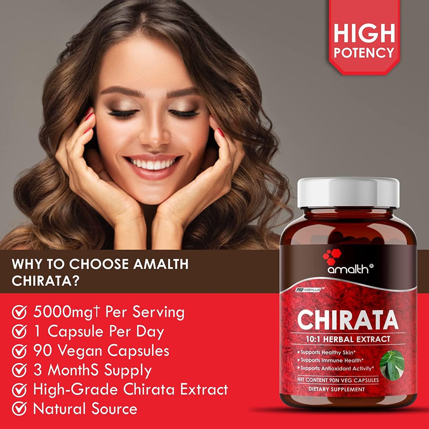 Amalth Swertia Chirata Extract Powder Dietary Supplements for Healthy Skin 5000mg - 90 Capsules