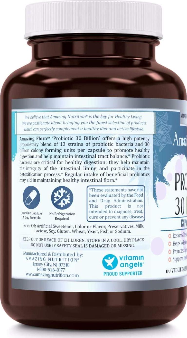 Amazing Flora Probiotic 13 Strains, 60 Veggie Capsules *Promotes Digestive and Immune Health *Supports Intestinal Health *Restores Natural Balance of Good Bacteria (30 Billion)
