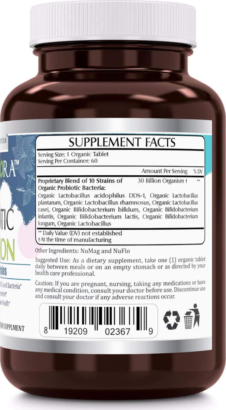 Amazing Flora - USDA Certified Organic Probiotic 30 Billion - 10 Probiotic Strains - 60 Organic Tablets - Restores The Natural Balance of Good Bacteria - Helps to Relieve Digestive Discomfort