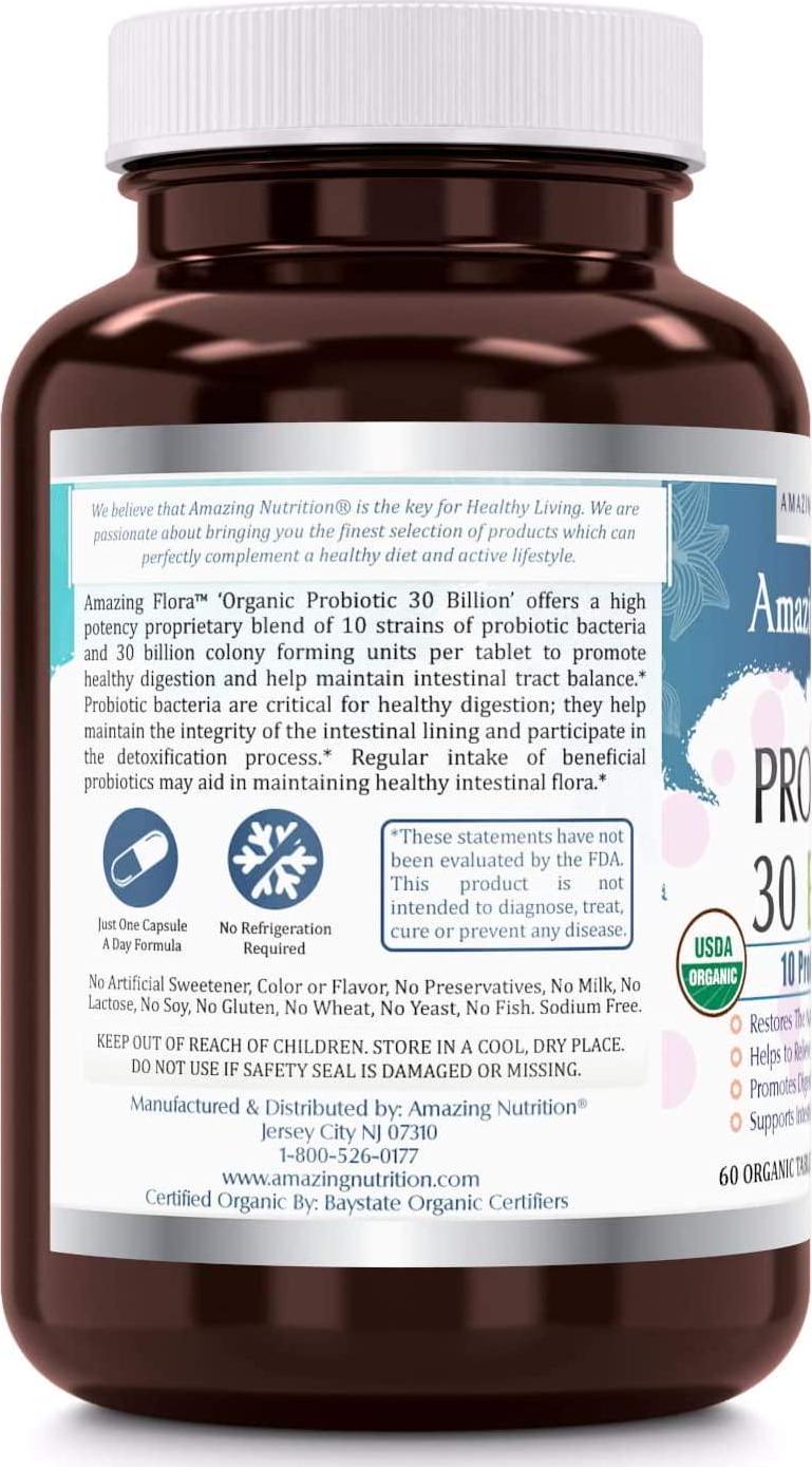 Amazing Flora - USDA Certified Organic Probiotic 30 Billion - 10 Probiotic Strains - 60 Organic Tablets - Restores The Natural Balance of Good Bacteria - Helps to Relieve Digestive Discomfort