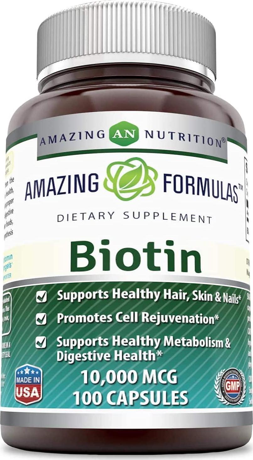 Amazing Formulas Biotin Supplement - 10,000mcg - 100 Capsules (Non-GMO,Gluten Free) - Supports Healthy Hair, Skin and Nails - Promotes Cell Rejuvenation