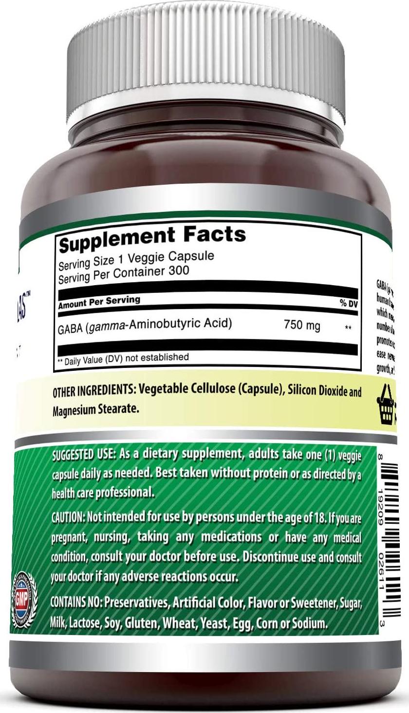 Amazing Formulas GABA - 750 Mg, Veggie Capsules - Calming and Relaxing Effect - Promotes Positive Mood and Releases Stress - Eases Nervous Tension* (300 Count)