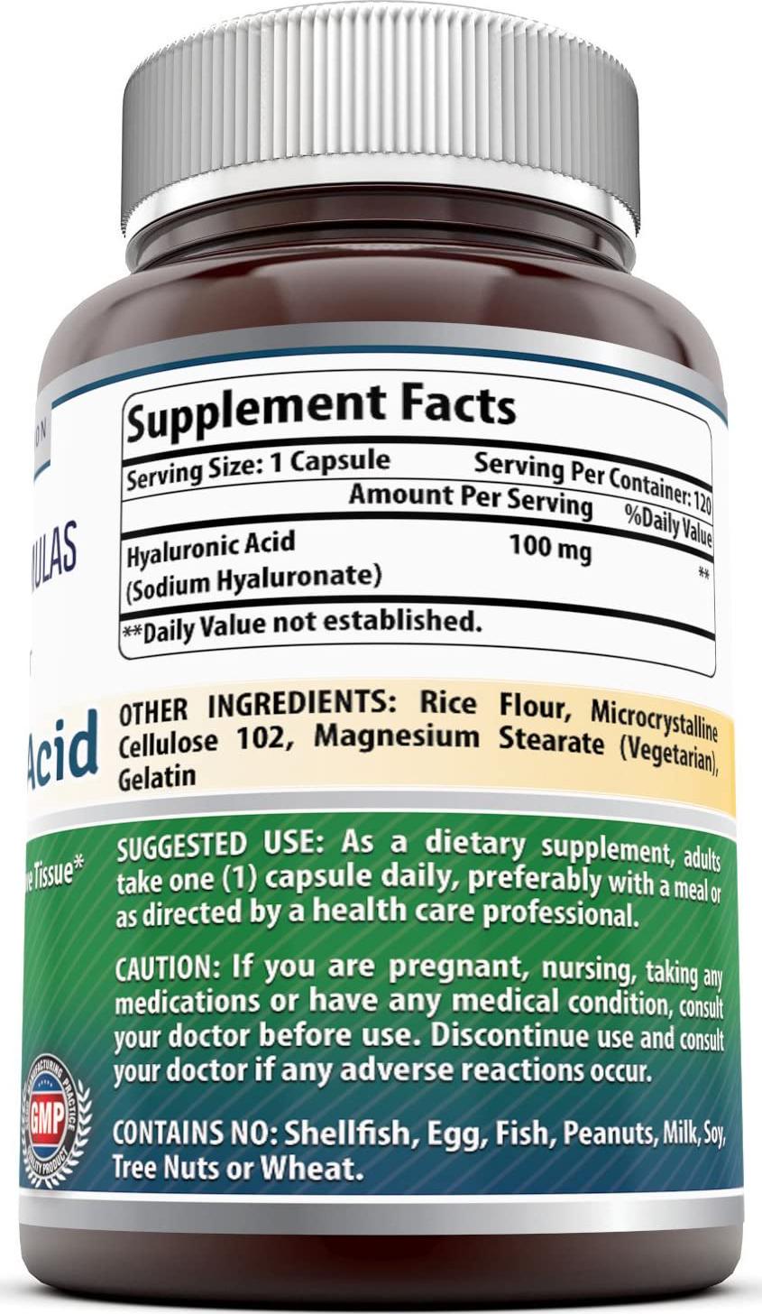 Amazing Formulas Hyaluronic Acid 100 mg 120 Capsules (Non-GMO,Gluten Free) - Support Healthy Connective Tissue and Joints - Promote Youthful Healthy Skin