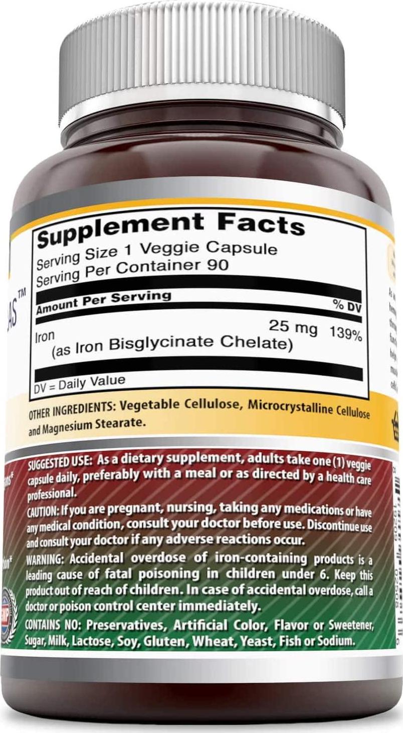 Amazing Formulas Iron as Iron Bisglycinate - 25 Mg Veggie Capsules - Supports Oxygen Supply to Tissues and Organs - Helps in The Formation of Hemoglobin and Myoglobin. (90 Veggie Capsules)