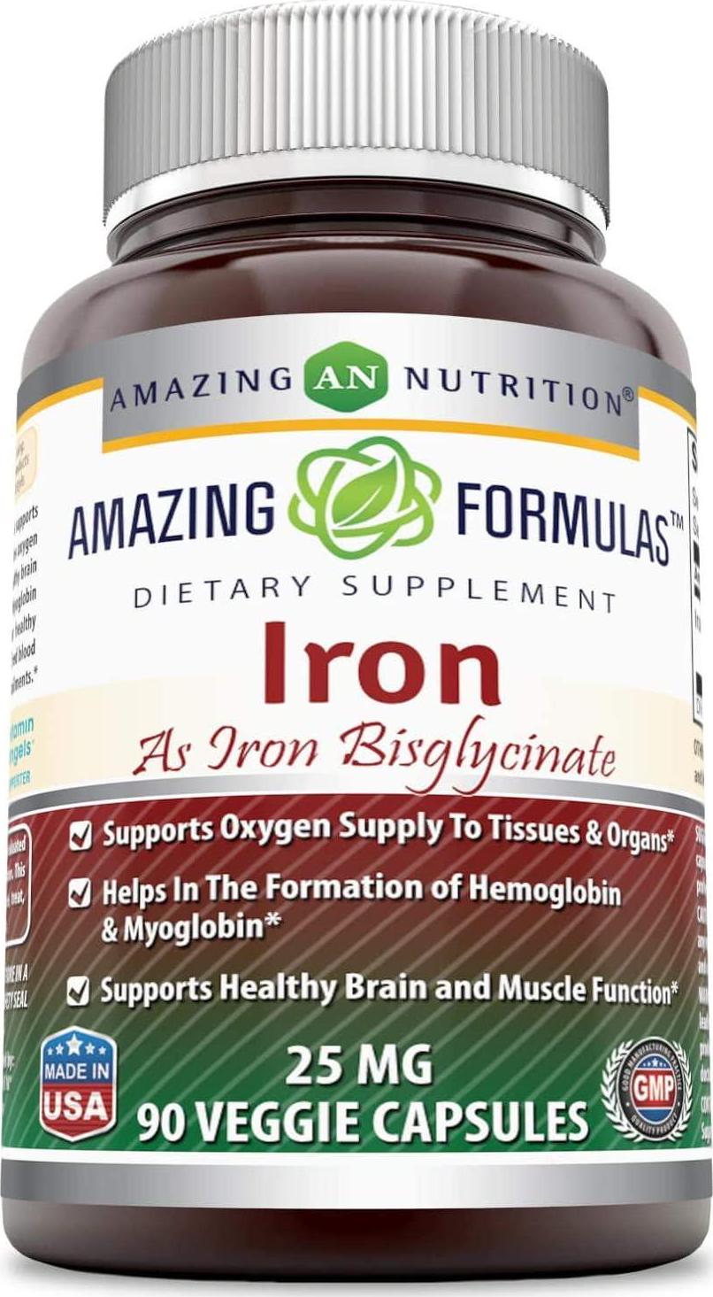 Amazing Formulas Iron as Iron Bisglycinate - 25 Mg Veggie Capsules - Supports Oxygen Supply to Tissues and Organs - Helps in The Formation of Hemoglobin and Myoglobin. (90 Veggie Capsules)