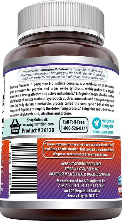 Amazing Formulas L-Arginine/L-Ornithine 1500 Mg Per Serving, 120 Capsules Supplement- Supports Protein Metabolism - Promotes Athletic Performance - Supports Better Circulation