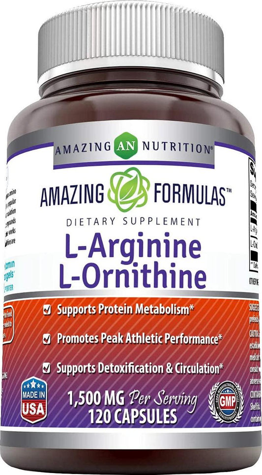 Amazing Formulas L-Arginine/L-Ornithine 1500 Mg Per Serving, 120 Capsules Supplement- Supports Protein Metabolism - Promotes Athletic Performance - Supports Better Circulation