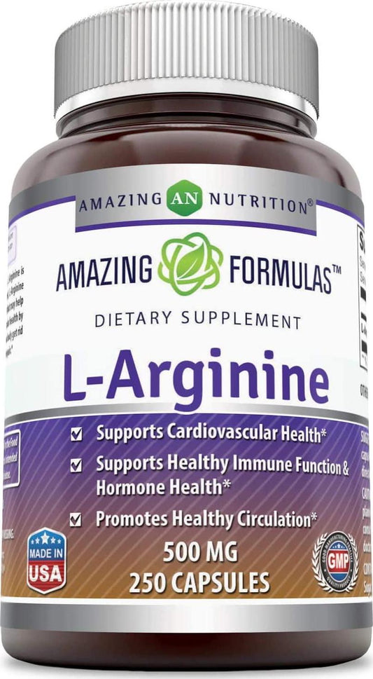 Amazing Formulas L Arginine 500mg Supplement - Best Amino Acid Arginine HCL Supplements for Women and Man - Promotes Circulation and Supports Cardiovascular Health - 250 Capsules