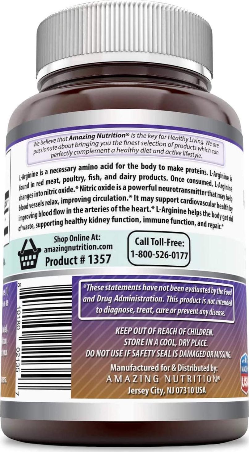 Amazing Formulas L Arginine 500mg Supplement - Best Amino Acid Arginine HCL Supplements for Women and Man - Promotes Circulation and Supports Cardiovascular Health - 250 Capsules