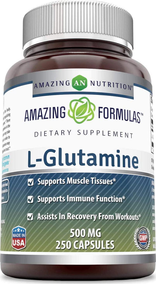 Amazing Formulas - L-Glutamine Dietary Supplement - 500 Milligrams Capsules (Non-GMO,Gluten Free) Promotes a Healthy Immune System - Supports Muscular System* (250 Count)