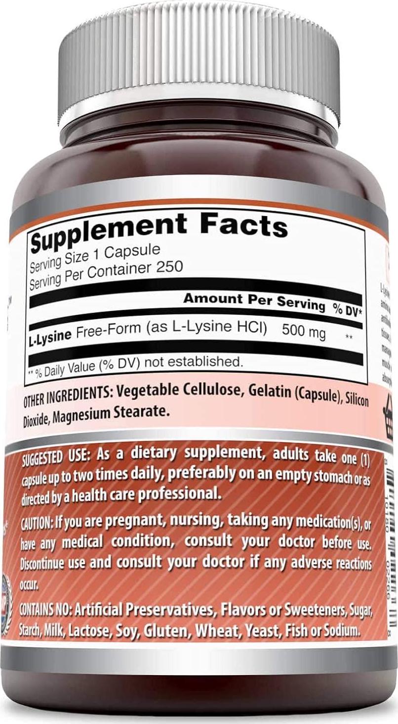 Amazing Formulas L-Lysine 500mg Amino Acid Capsules -(Non GMO,Gluten Free) - Immune Support, Respiratory Health and More (250 Caspules)