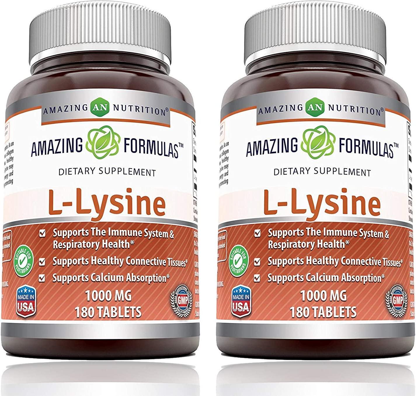 Amazing Formulas L-Lysine 1000mg Amino Acid Vitamin Tablets - Commonly Used for Cold Sores, Shingles, Immune Support, Respiratory Health and More (180 Count (Pack of 2))