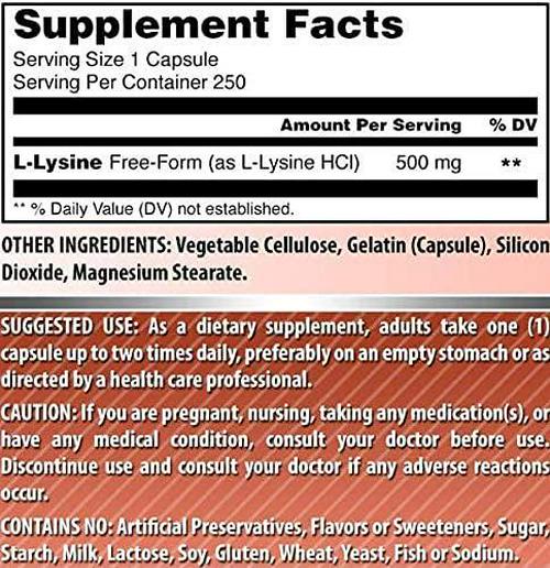 Amazing Formulas L-Lysine 500mg Amino Acid Capsules -(Non GMO,Gluten Free) - Immune Support, Respiratory Health and More (250 Caspules)