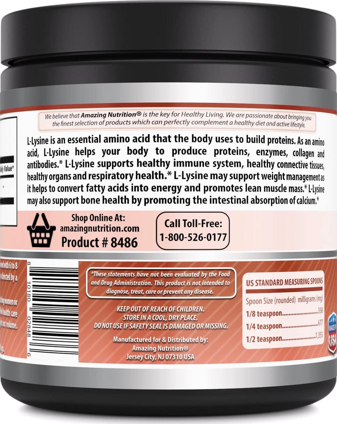 Amazing Formulas L-Lysine 500mg Amino Acid Vitamin Powder - Commonly Used for Cold Sores, Immune Support, Respiratory Health and More (Non-GMO,Gluten Free)