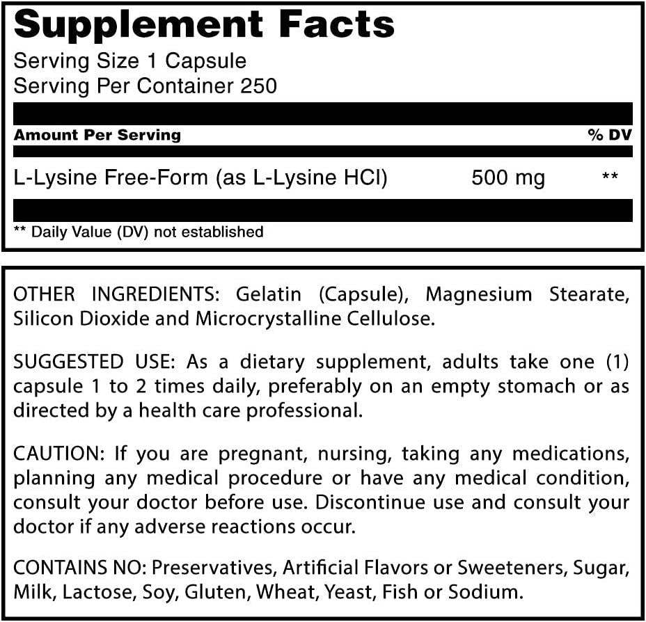 Amazing Formulas L-Lysine 500mg Amino Acid Capsules -(Non GMO,Gluten Free) - Immune Support, Respiratory Health and More (250 Caspules)