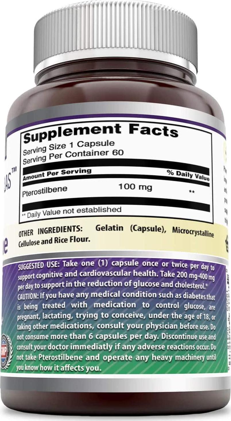 Amazing Formulas Pterostilbene - 100 Mg, 60 Capsules (Non-GMO) - Promotes Cognitive Function - Supports Glucose Levels in The Normal Range - Supports Cardiovascular Health