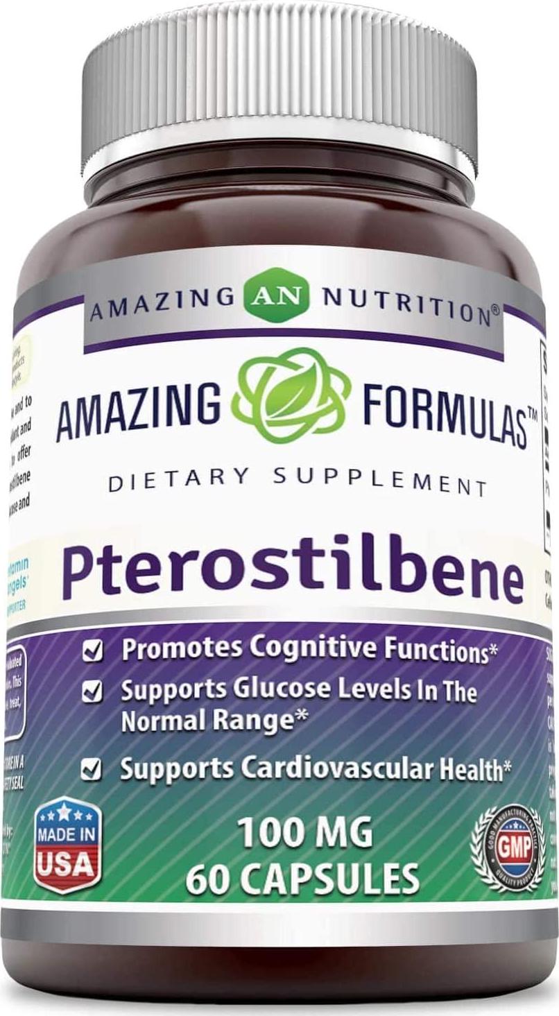 Amazing Formulas Pterostilbene - 100 Mg, 60 Capsules (Non-GMO) - Promotes Cognitive Function - Supports Glucose Levels in The Normal Range - Supports Cardiovascular Health