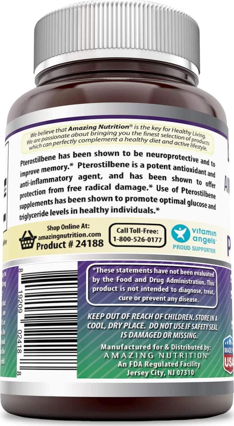 Amazing Formulas Pterostilbene - 100 Mg, 60 Capsules (Non-GMO) - Promotes Cognitive Function - Supports Glucose Levels in The Normal Range - Supports Cardiovascular Health