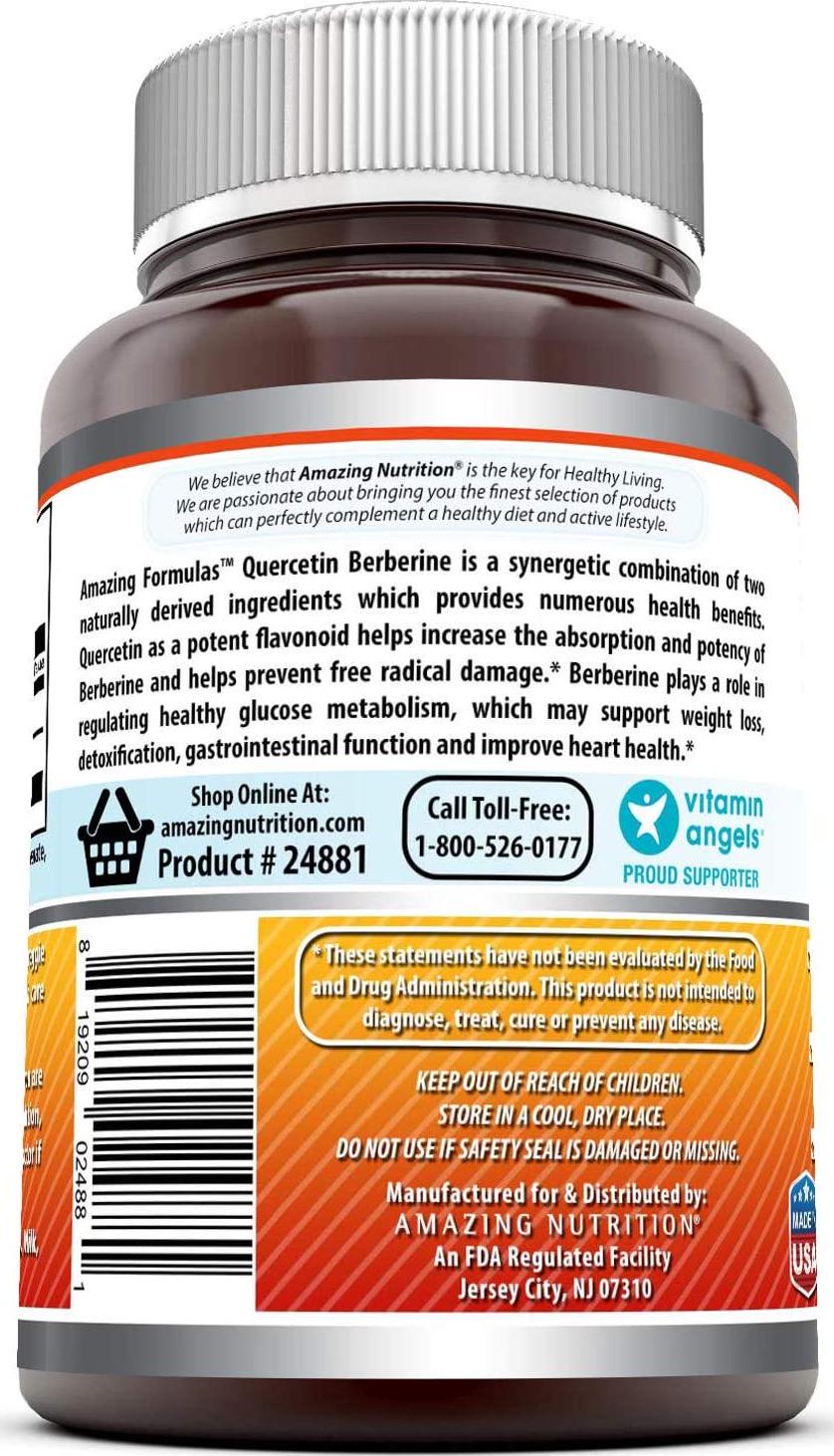 Amazing Formulas Quercetin Berberine - 250 mg of Berberine and 250 mg Quercetin in Each Veggie Capsule. (Non-GMO) Potent Anti-oxidant Properties. Supports Heart Health, Energy Production* (180 Count)