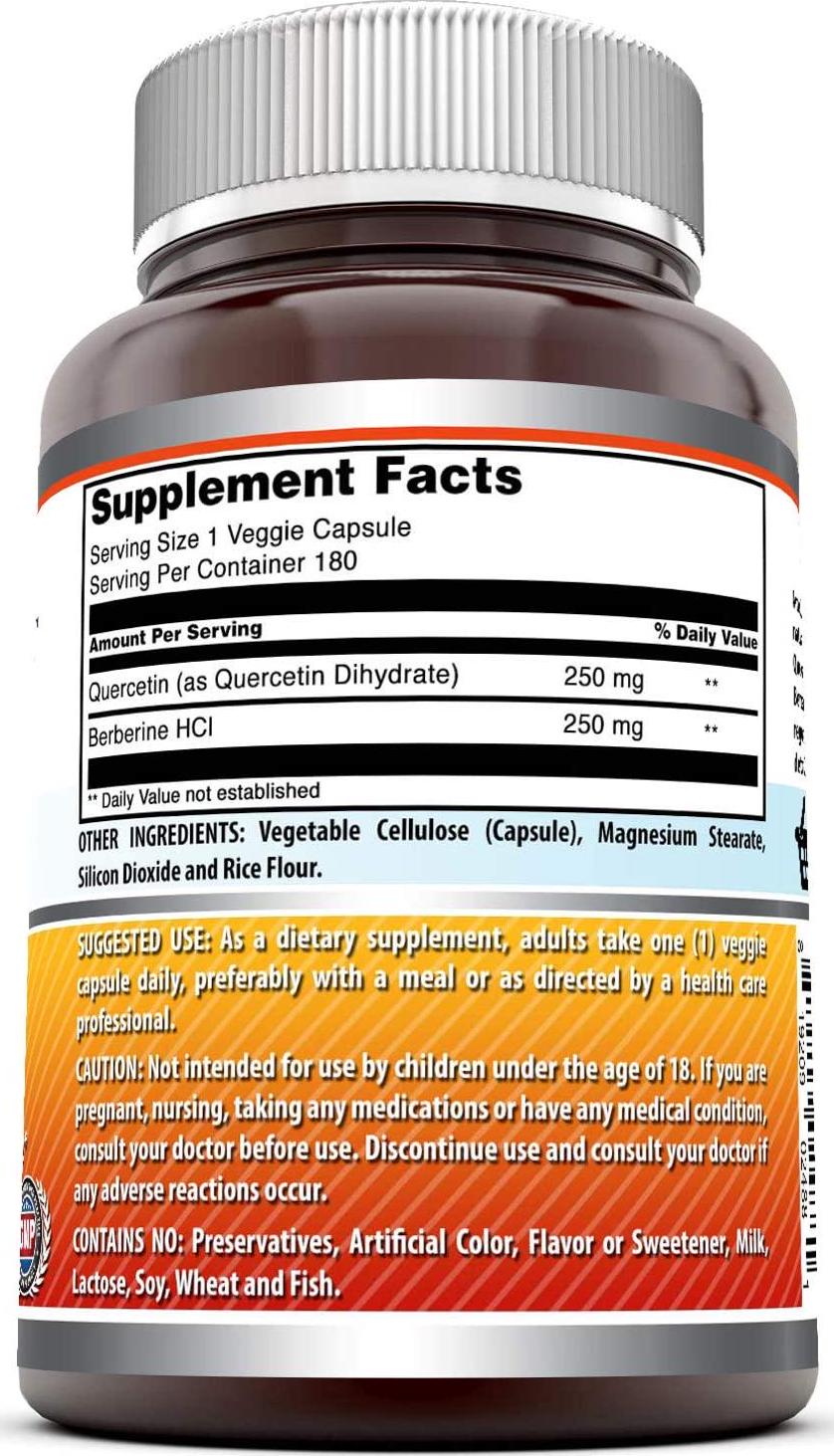 Amazing Formulas Quercetin Berberine - 250 mg of Berberine and 250 mg Quercetin in Each Veggie Capsule. (Non-GMO) Potent Anti-oxidant Properties. Supports Heart Health, Energy Production* (180 Count)
