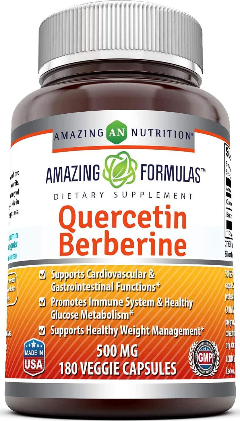 Amazing Formulas Quercetin Berberine - 250 mg of Berberine and 250 mg Quercetin in Each Veggie Capsule. (Non-GMO) Potent Anti-oxidant Properties. Supports Heart Health, Energy Production* (180 Count)