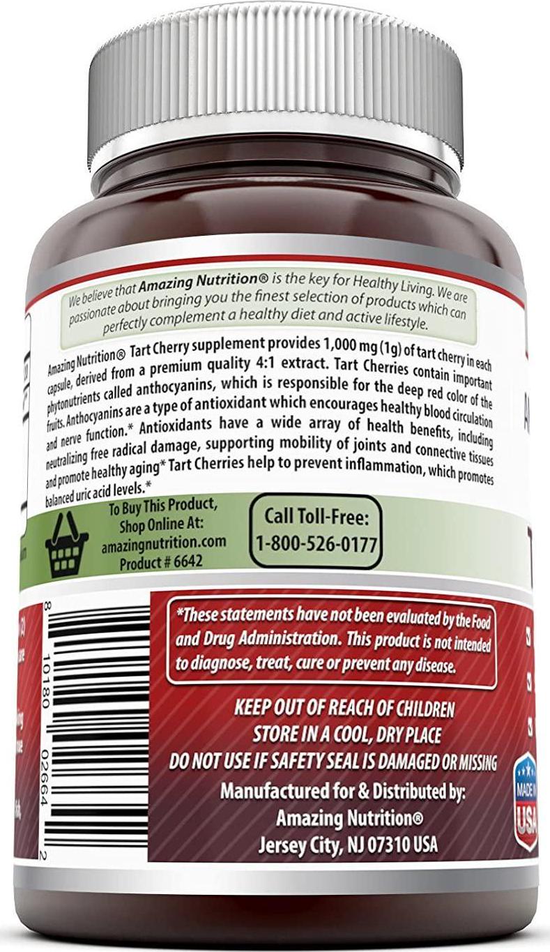 Amazing Formulas Tart Cherry Extract 1000 Mg Capsules - Non-GMO - Antioxidant Support - Promotes Joint Health and a Proper Uric Acid Level Balance (120 Count (Pack of 3))