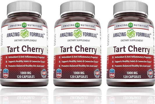 Amazing Formulas Tart Cherry Extract 1000 Mg Capsules - Non-GMO - Antioxidant Support - Promotes Joint Health and a Proper Uric Acid Level Balance (120 Count (Pack of 3))