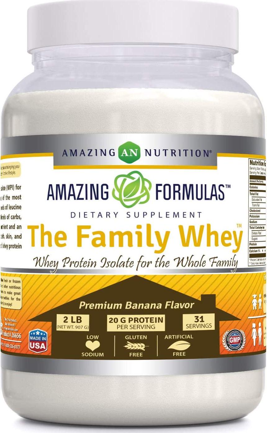 Amazing Formulas The Family Whey Whey Protein (Isolate) Powder for The Whole Family - 2 lbs - Most Complete and Purest Form of Protein - Gluten Free (Banana Flavor)