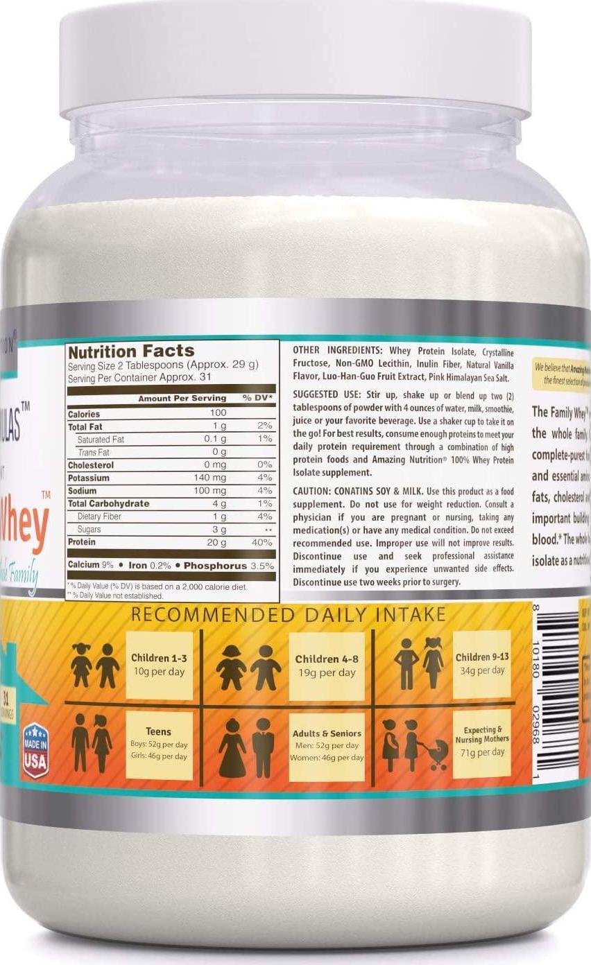 Amazing Formulas The Family Whey Whey Protein (Isolate) Powder for The Whole Family - 2 lbs - Most Complete and Purest Form of Protein -(Vanilla Flavor) (Non-GMO,Gluten Free)