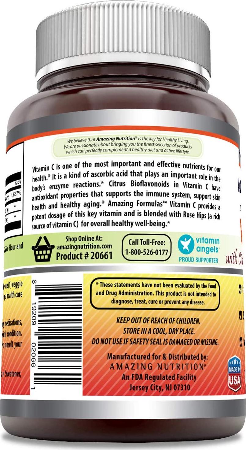 Amazing Formulas Vitamin C (Ascorbic Acid) - 1000mg with Rose Hips and Citrus Bioflavonoids -Promotes Immune Function -Supports Healthy Aging -Non-GMO, Gluten Free (250 Veggie Capsules)