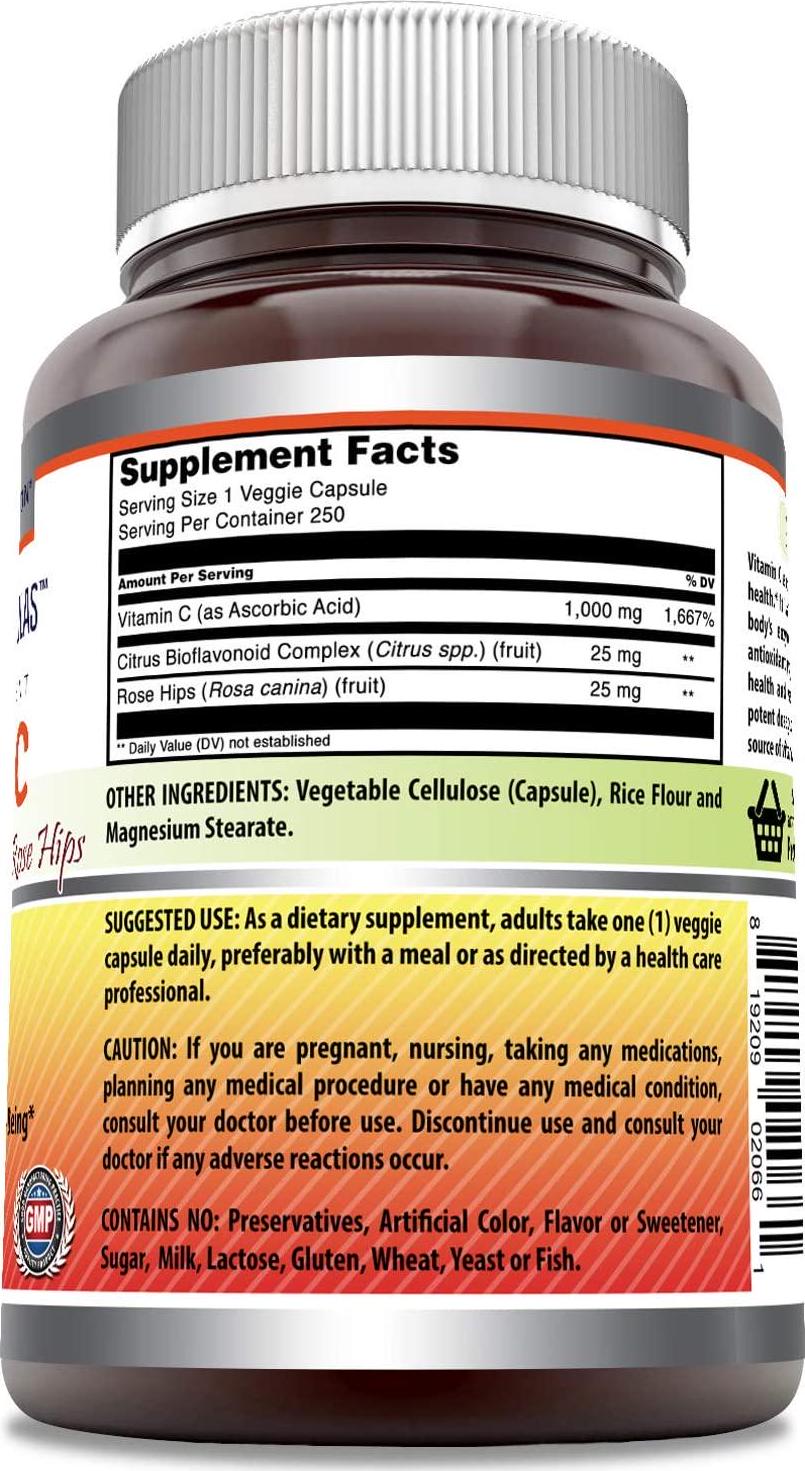 Amazing Formulas Vitamin C (Ascorbic Acid) - 1000mg with Rose Hips and Citrus Bioflavonoids -Promotes Immune Function -Supports Healthy Aging -Non-GMO, Gluten Free (250 Veggie Capsules)