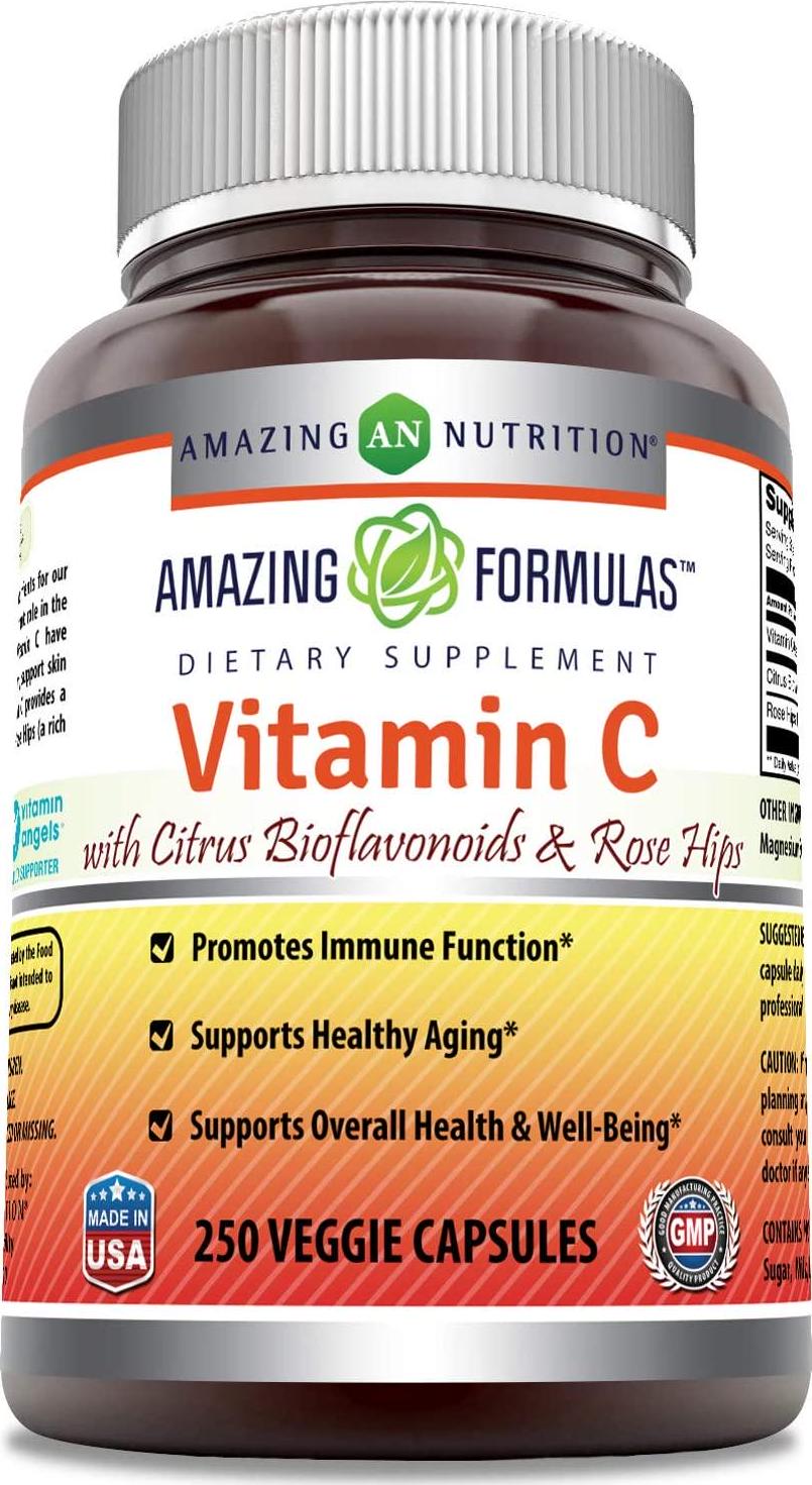 Amazing Formulas Vitamin C (Ascorbic Acid) - 1000mg with Rose Hips and Citrus Bioflavonoids -Promotes Immune Function -Supports Healthy Aging -Non-GMO, Gluten Free (250 Veggie Capsules)