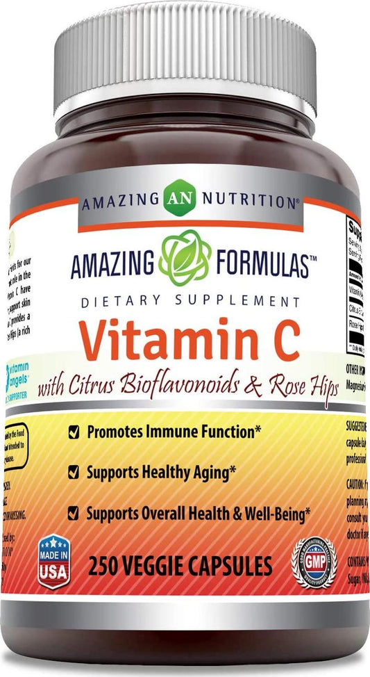Amazing Formulas Vitamin C (Ascorbic Acid) - 1000mg with Rose Hips and Citrus Bioflavonoids -Promotes Immune Function -Supports Healthy Aging -Non-GMO, Gluten Free (250 Veggie Capsules)