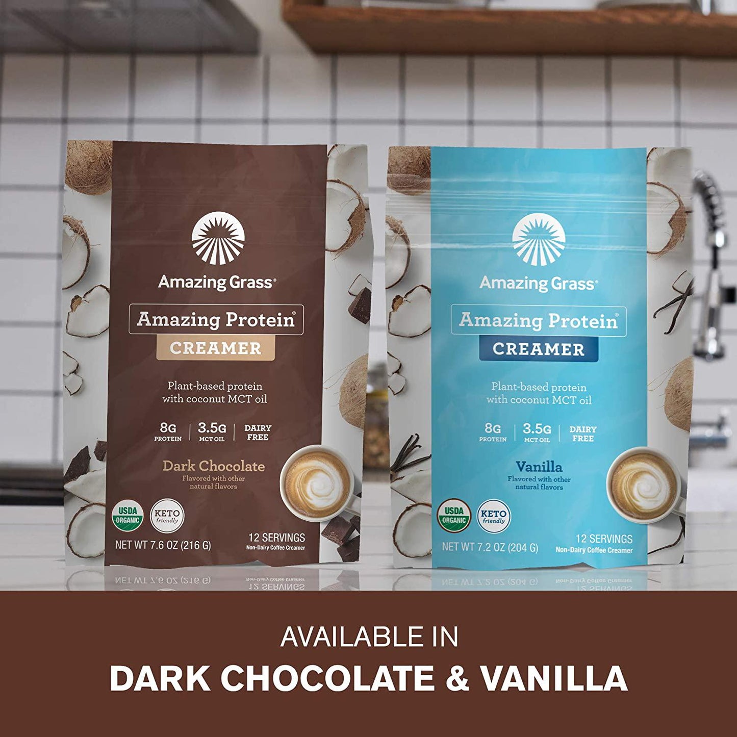 Amazing Grass Amazing Protein Creamer, Plant-Based Protein with Coconut MCT Oil, Dark Chocolate, 12 Servings