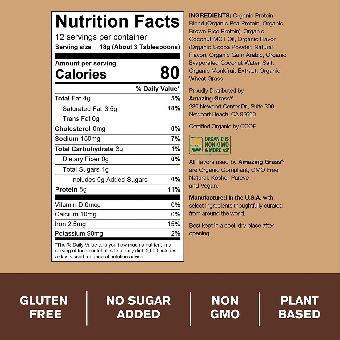 Amazing Grass Amazing Protein Creamer, Plant-Based Protein with Coconut MCT Oil, Dark Chocolate, 12 Servings