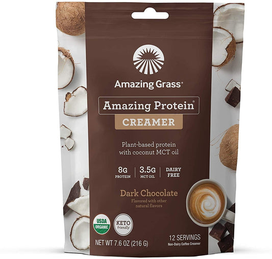 Amazing Grass Amazing Protein Creamer, Plant-Based Protein with Coconut MCT Oil, Dark Chocolate, 12 Servings