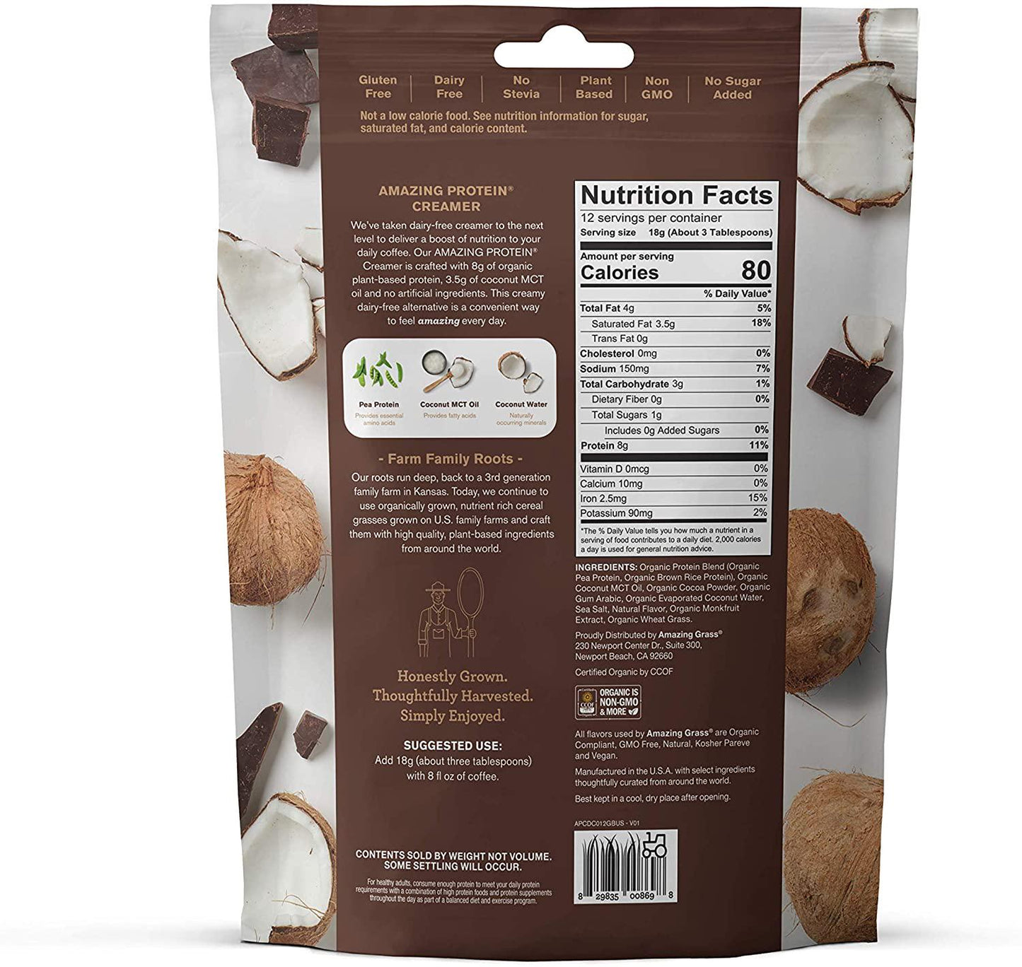 Amazing Grass Amazing Protein Creamer, Plant-Based Protein with Coconut MCT Oil, Dark Chocolate, 12 Servings