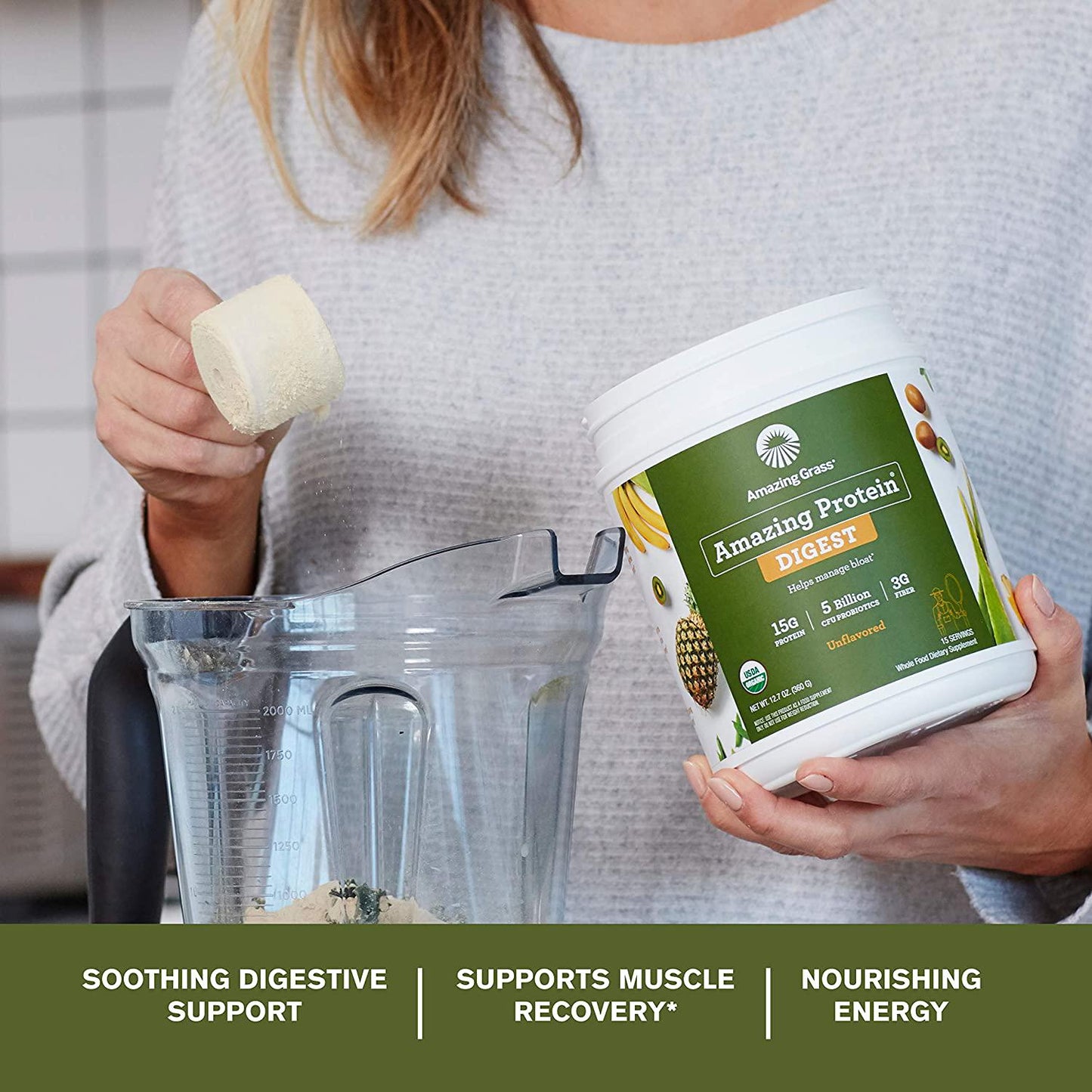 Amazing Grass DIGEST Vegan Protein Powder, Plant Based with Probiotics + Fiber to Manage Bloat, Unflavored, 15 Servings