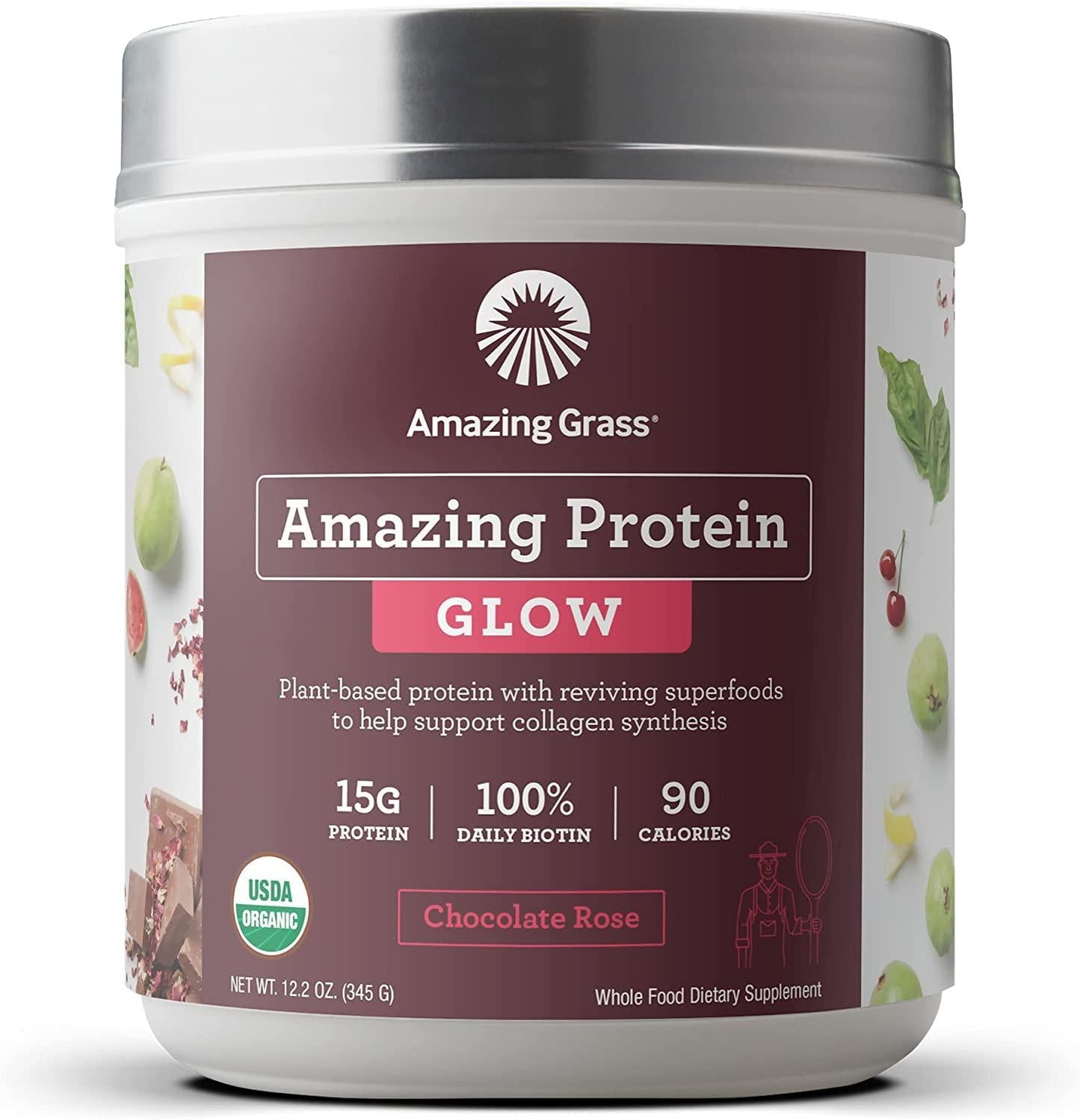 Amazing Grass GLOW Vegan Protein Powder: Organic Plant Based Collagen Support Protein Powder with Biotin Supplements, Chocolate Rose Flavor, 15 Servings