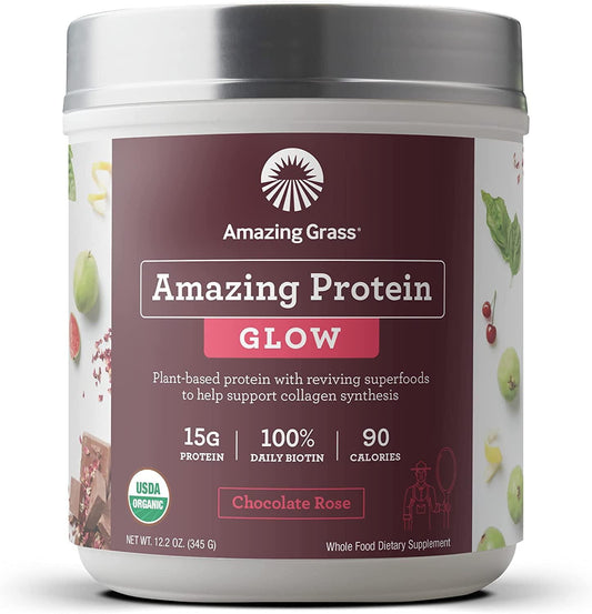 Amazing Grass GLOW Vegan Protein Powder: Organic Plant Based Collagen Support Protein Powder with Biotin Supplements, Chocolate Rose Flavor, 15 Servings